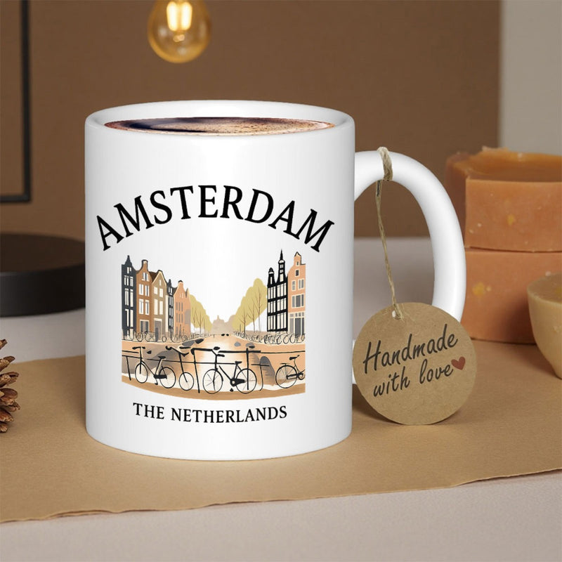 Tailorly White Ceramic 11 oz Mug - Amsterdam The Netherlands Detailed Illustration Of Historic Canal Houses And Traditional Bicycles Cityscape