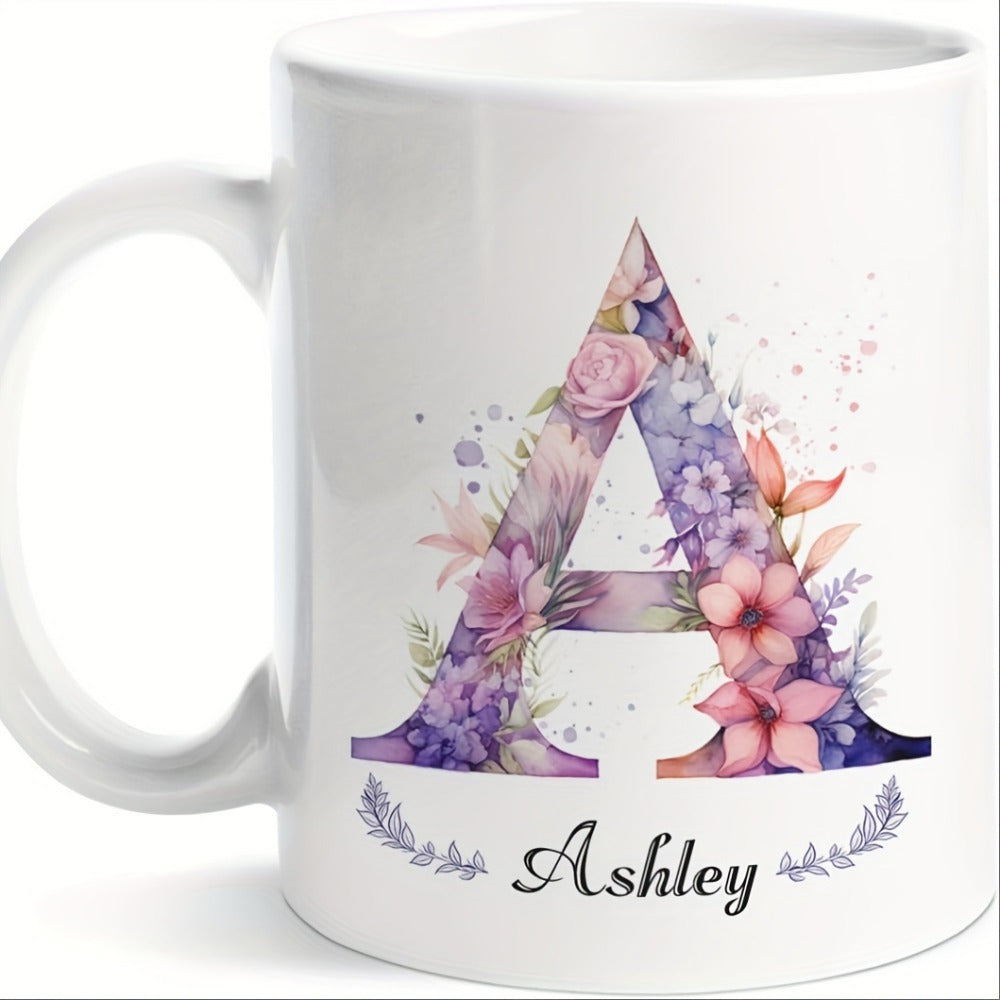 Tailorly White Ceramic 11 oz Mug - Ashley Floral Watercolor Pattern With Blooming Purple And Pink Petals Alphabetical Letter
