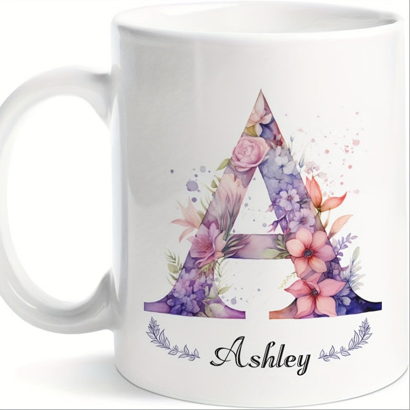Tailorly White Ceramic 11 oz Mug - Ashley Floral Watercolor Pattern With Blooming Purple And Pink Petals Alphabetical Letter