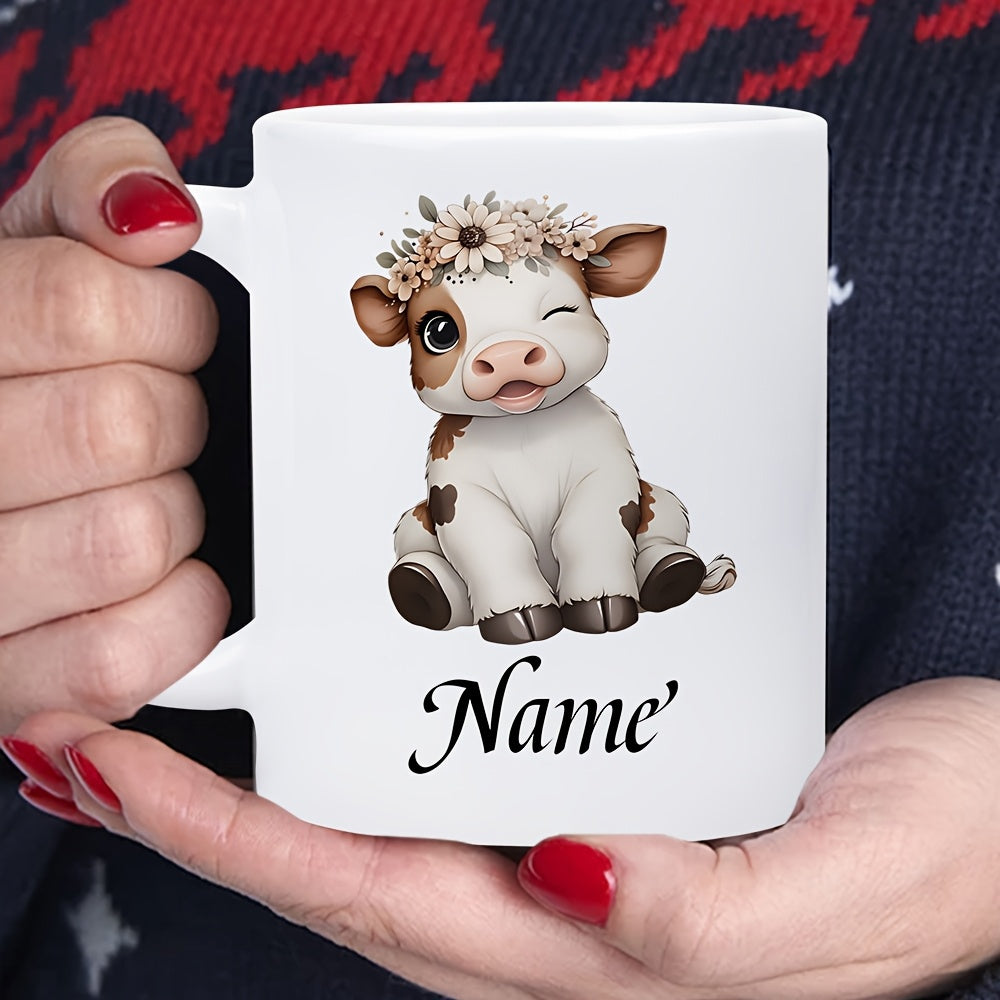 Tailorly White Ceramic 11 oz Mug - Name Adorable Baby Calf With Flower Crown Sitting On White Surface Cow