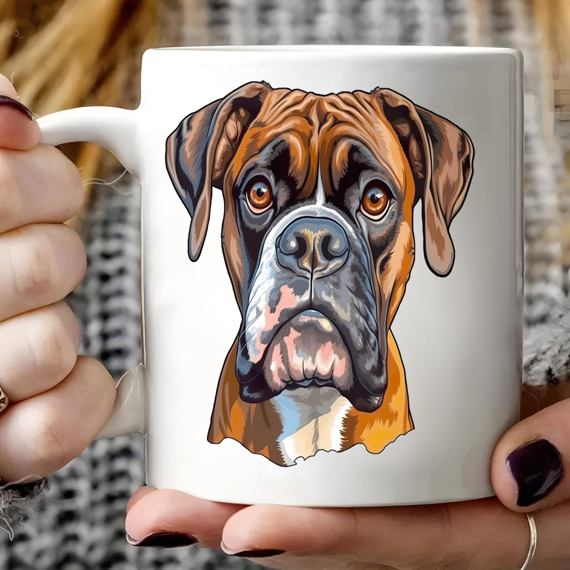 Tailorly White Ceramic 11 oz Mug - Detailed Artistic Illustration Featuring A Majestic Brown And White Boxer Dog