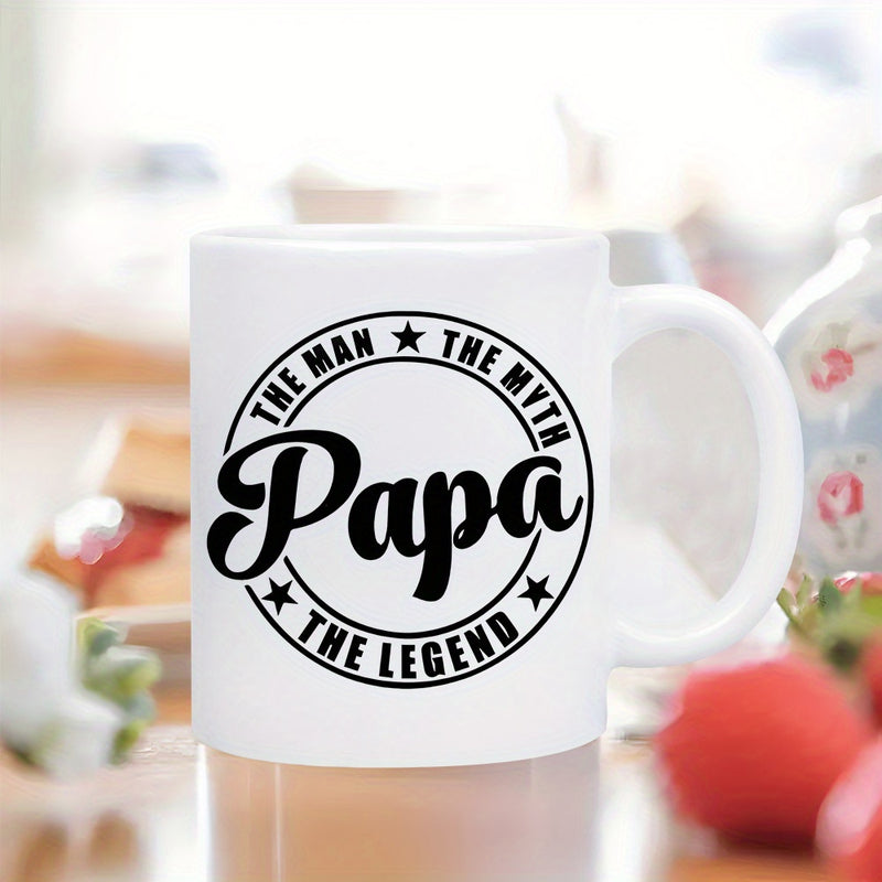 Tailorly White Ceramic 11 oz Mug - Papa The Man The Myth The Legend Circular Vintage Style Emblem Featuring Bold Script Typography And Tiny Stars Emblem