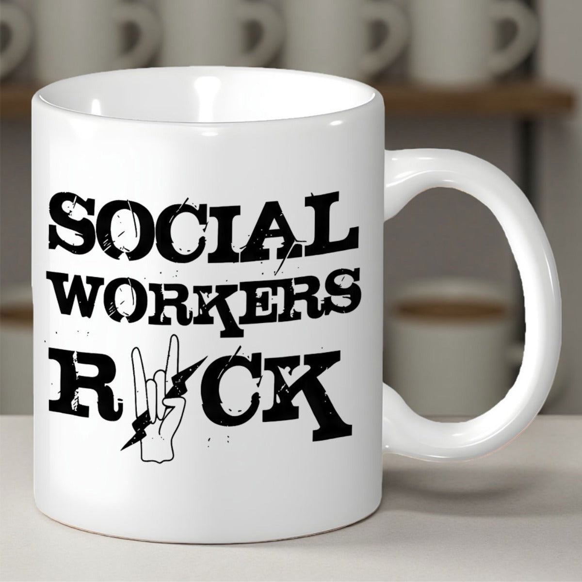 Tailorly White Ceramic 11 oz Mug - Social Workers Rock Distressed Stencil Style Graphic Design Featuring Lightning Bolt And Symbolic Rock Hand