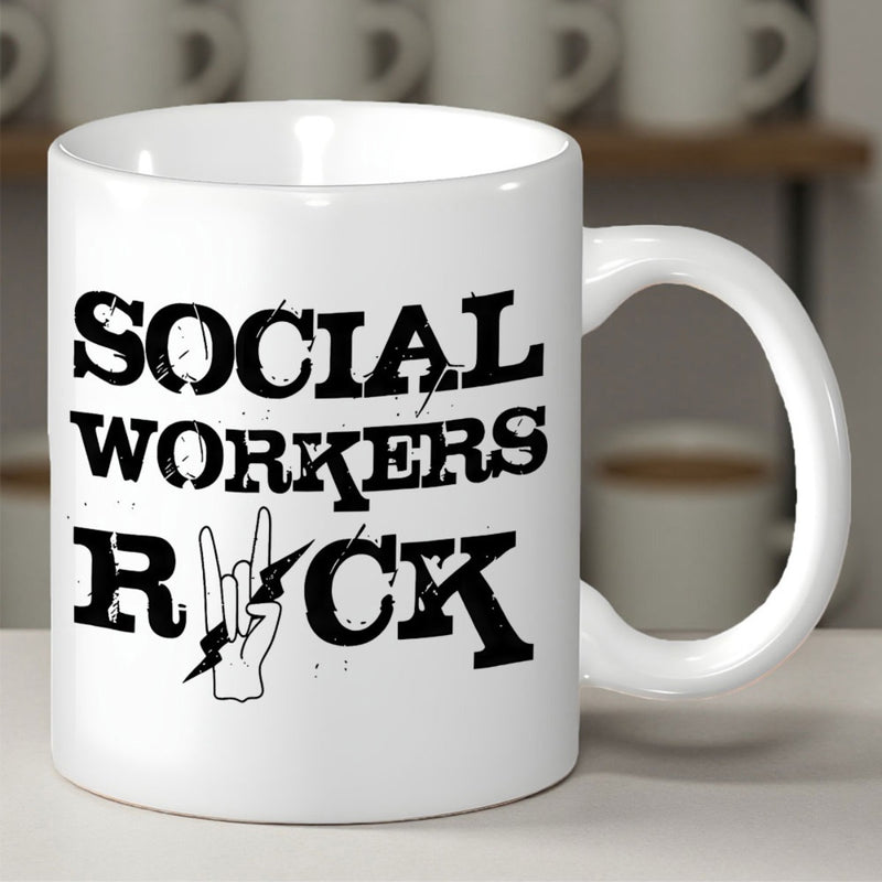 Tailorly White Ceramic 11 oz Mug - Social Workers Rock Distressed Stencil Style Graphic Design Featuring Lightning Bolt And Symbolic Rock Hand