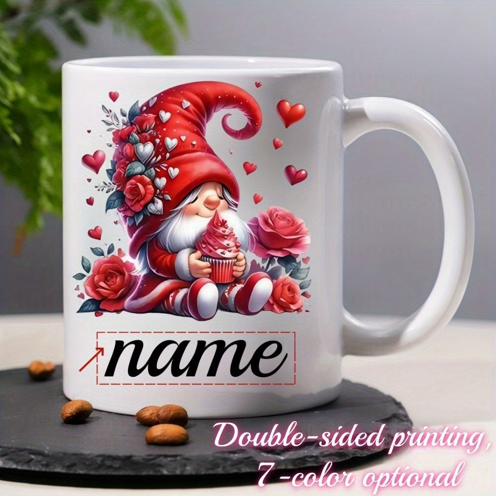 Tailorly White Ceramic 11 oz Mug - Name Whimsical Garden Gnome Holding Sweet Cupcake Among Red Valentine Roses Gnome