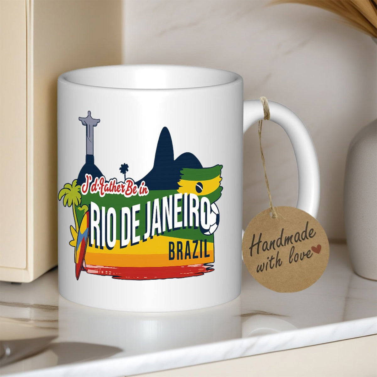 Tailorly White Ceramic 11 oz Mug - Id Rather Be In Rio De Janeiro Brazil Vibrant Iconic Landmarks Featuring Famous Statue And Parrot Skyline