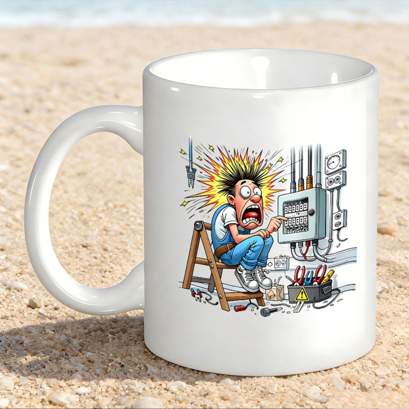 Tailorly White Ceramic 11 oz Mug - Funny Cartoon Character Getting Electric Shock While Working On Circuit Electrician