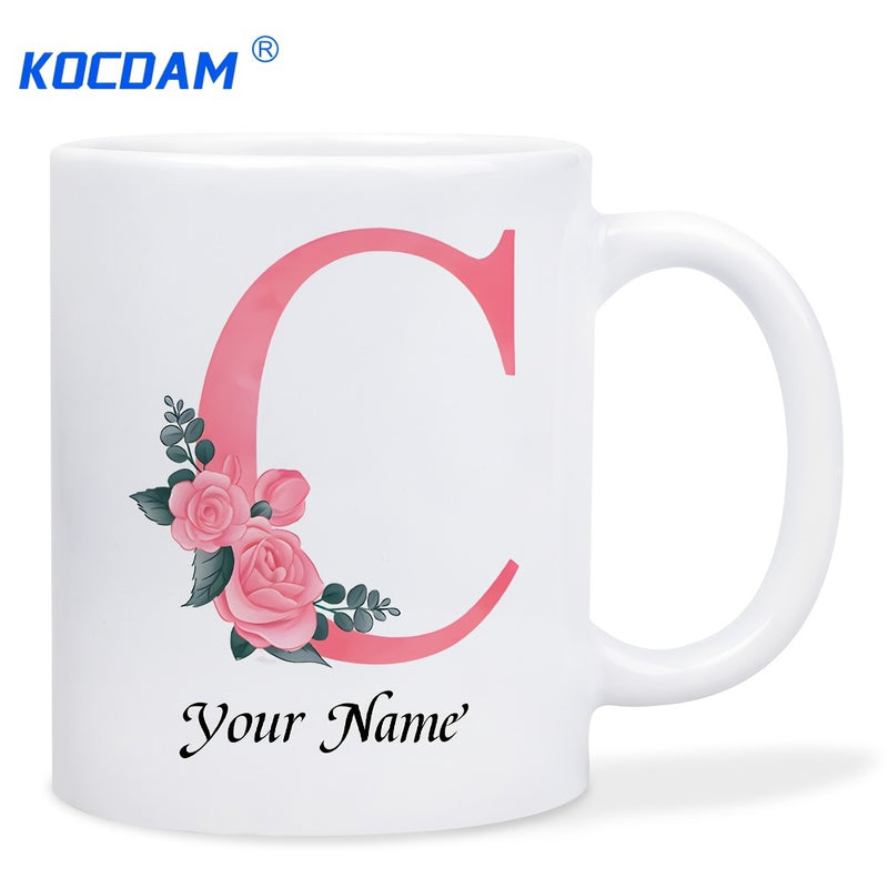 Tailorly White Ceramic 11 oz Mug - Your Name Elegant Pink Floral Alphabet Letter C With Blooming Roses And Leaves Mug