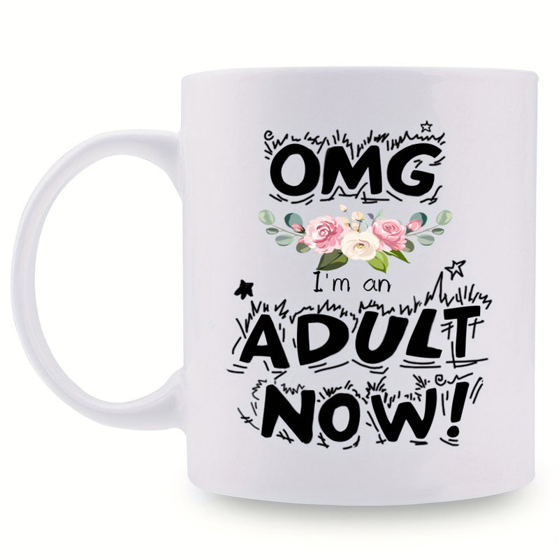 Tailorly White Ceramic 11 oz Mug - Omg Im An Adult Now Delicate Pink Roses Surrounded By Whimsical Hand Drawn Sketchy Stars And Leaves Flower