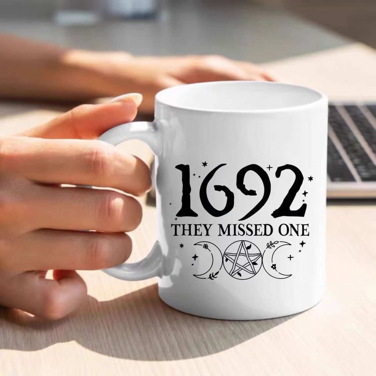 Tailorly White Ceramic 11 oz Mug - 1692 They Missed One Mystical Triple Moon Symbols Surrounded By Tiny Stars And Celestial Elements Mug