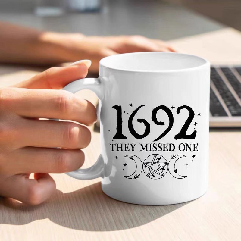 Tailorly White Ceramic 11 oz Mug - 1692 They Missed One Mystical Triple Moon Symbols Surrounded By Tiny Stars And Celestial Elements Mug
