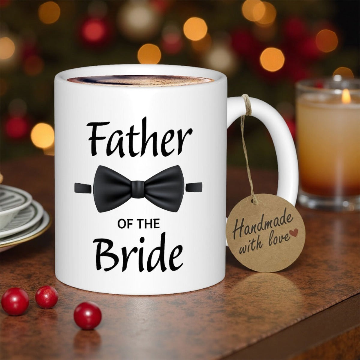 Tailorly White Ceramic 11 oz Mug - Father Of The Bride Classic Black Bow Tie Centered Between Elegant Serif Script Typography Mug