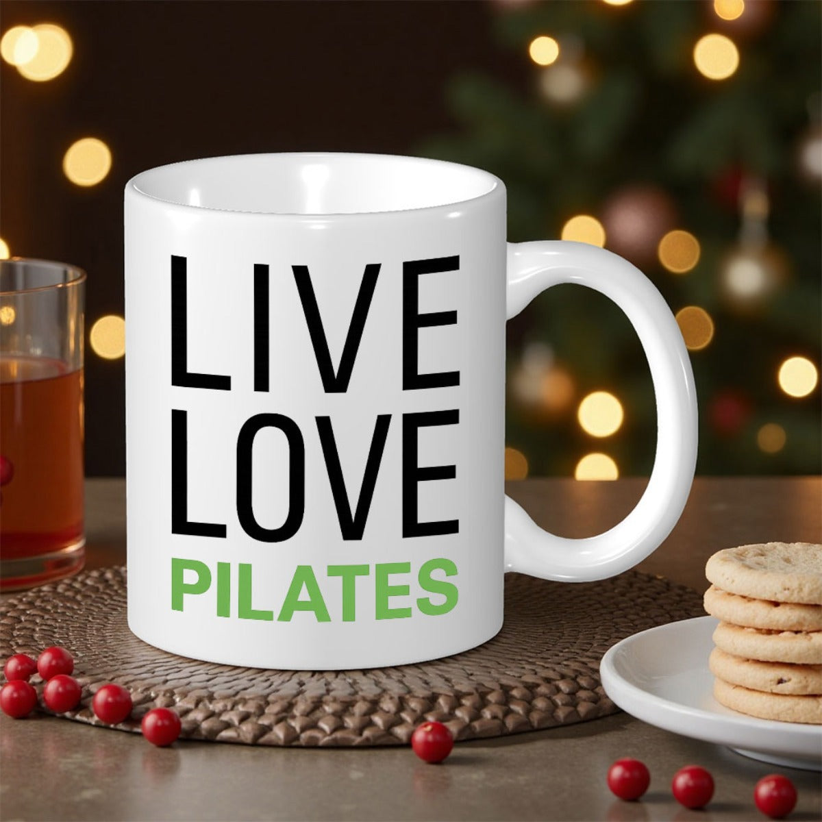 Tailorly White Ceramic 11 oz Mug - Live Love Pilates Minimalist White Ceramic Kitchenware Placed Atop A Woven Brown Table Mat Mug