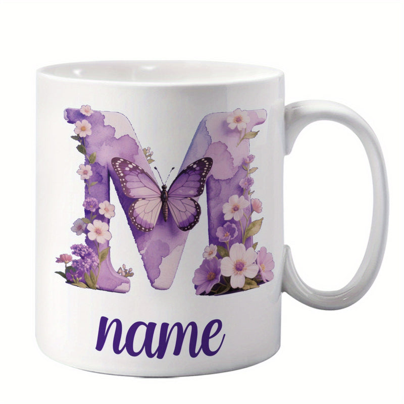 Tailorly White Ceramic 11 oz Mug - Name Purple Watercolor Floral Letter M With Blossoming Flowers And Delicate Graceful Butterfly