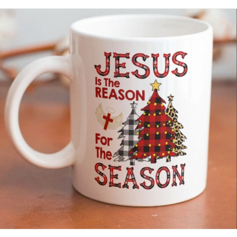 Tailorly White Ceramic 11 oz Mug - Jesus Is The Reason For The Season Festive Christmas Featuring Buffalo Plaid Leopard Pattern Tree