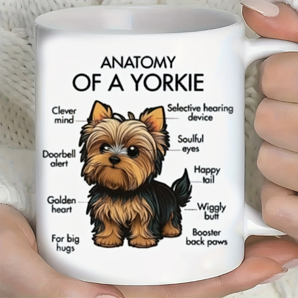 Tailorly White Ceramic 11 oz Mug - Anatomy Of A Yorkie Cute Small Fluffy Furry Standing Among Playful Labels Dog
