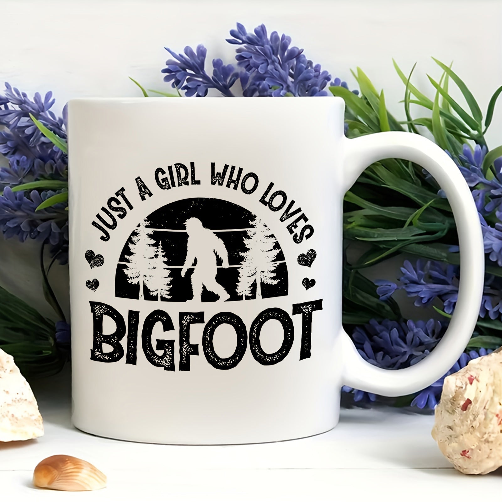 Tailorly White Ceramic 11 oz Mug - Just A Girl Who Loves Bigfoot Silhouette Walking Through Pine Trees Under A Circular Horizon Bigfoot