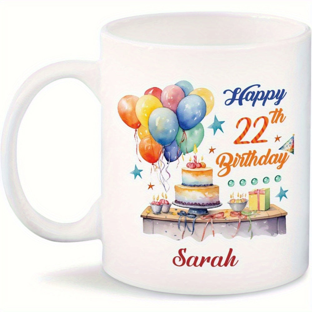 Tailorly White Ceramic 11 oz Mug - Happy 22nd Birthday Sarah Vibrant Colorful Balloons And Elegant Tiered Cake Surrounded By Tiny Twinkling Stars Mug