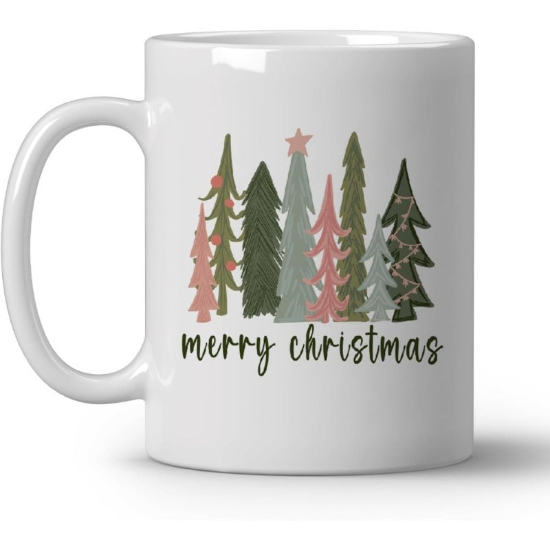 Tailorly White Ceramic 11 oz Mug - Merry Christmas Whimsical Hand Drawn Forest With Pastel Colors And A Shining Star Tree