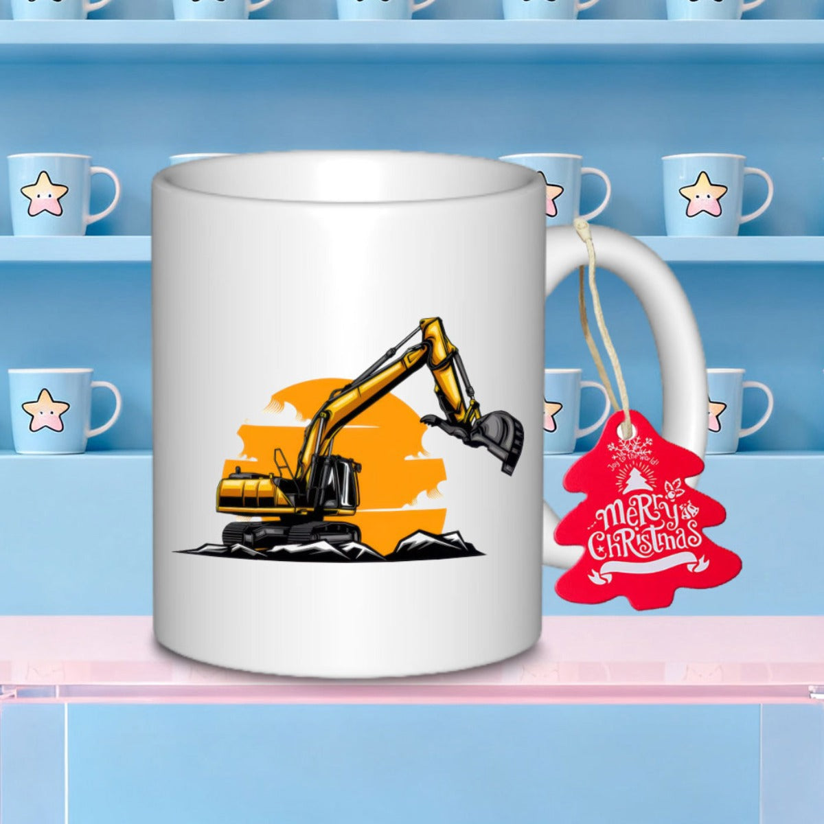Tailorly White Ceramic 11 oz Mug - Powerful Yellow Construction Vehicle Working Against A Glowing Sunset Horizon Excavator