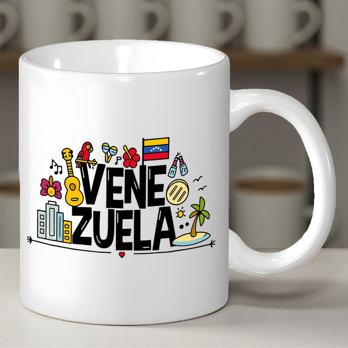 Tailorly White Ceramic 11 oz Mug - Venezuela Vibrant Tropical Elements With National Flag And Traditional Symbols Art