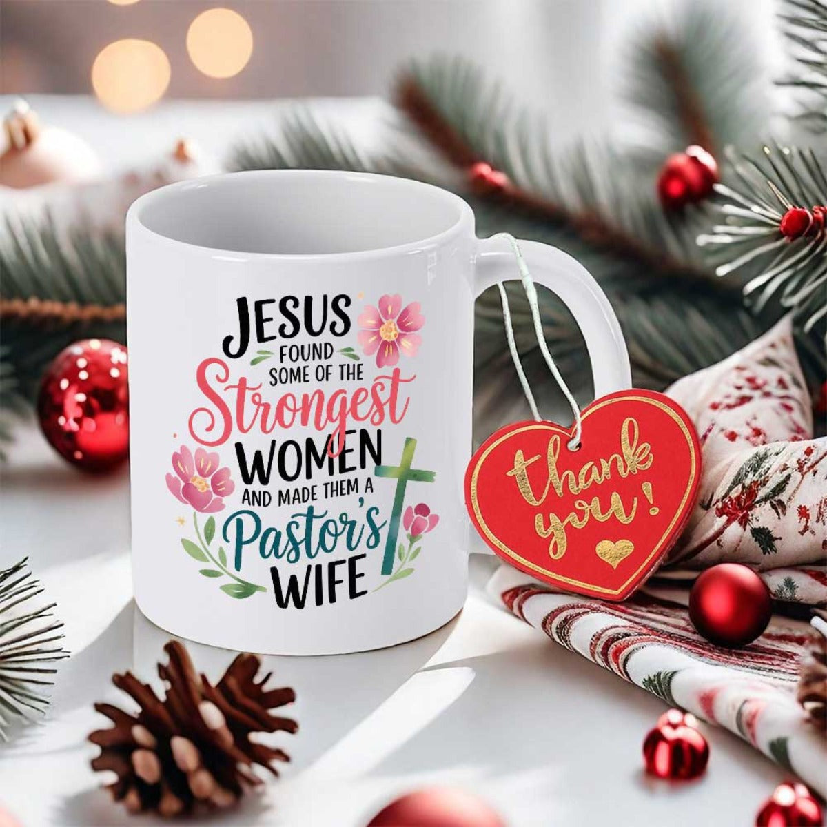 Tailorly White Ceramic 11 oz Mug - Jesus Found Some Of The Strongest Women And Made Them A Pastors Wife Delicate Pink Flowers With Green Leaves And Religious Cross