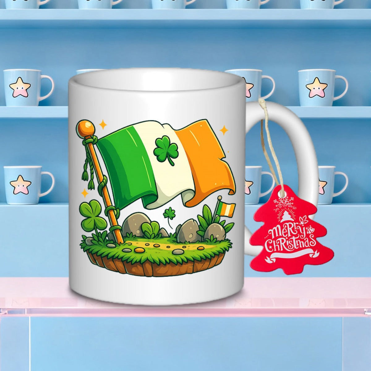 Tailorly White Ceramic 11 oz Mug - Merry Christmas Cartoonish Irish Flag Standing On Lush Green Grassy Ground Flag