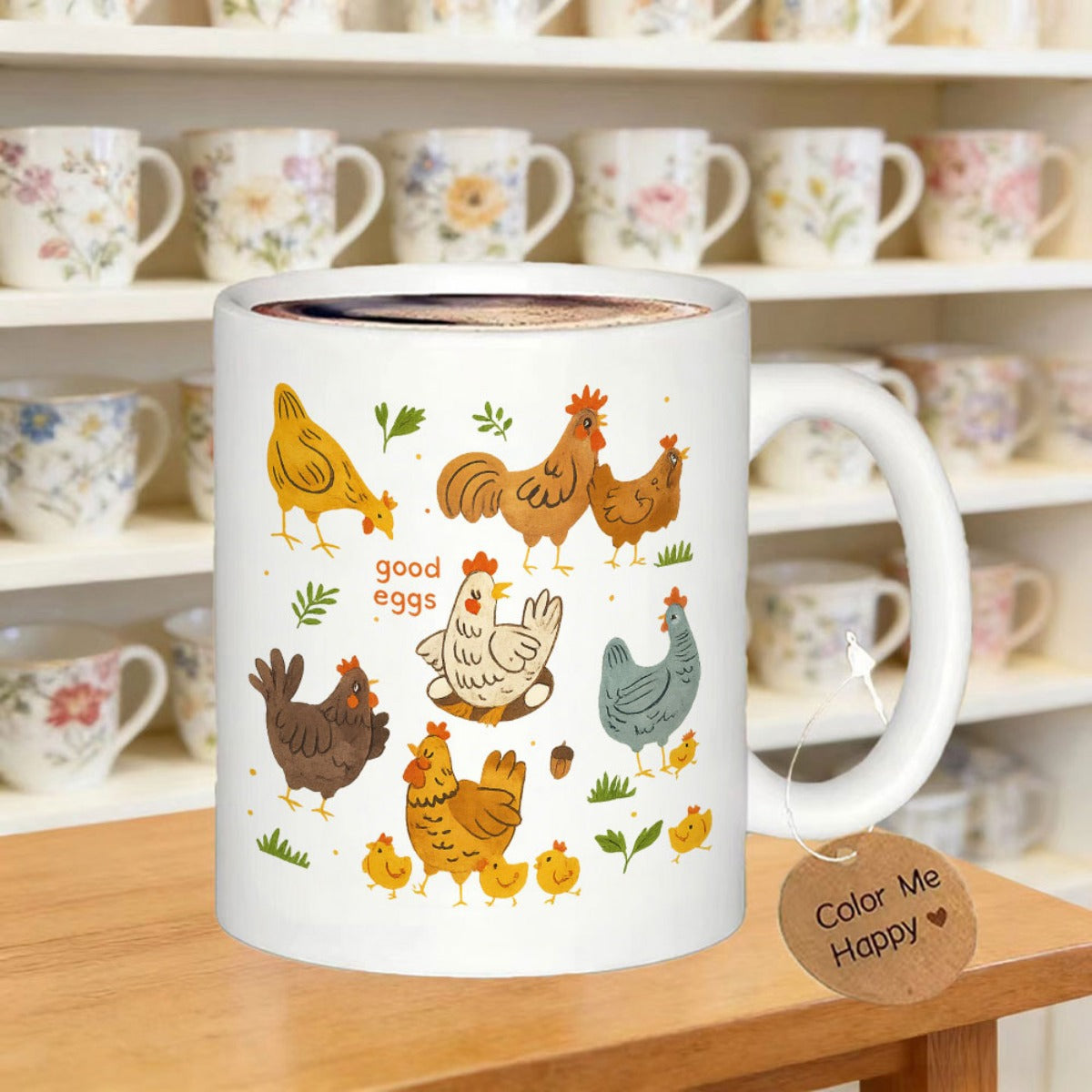 Tailorly White Ceramic 11 oz Mug - Good Eggs Rustic Farm Life With Assorted Colorful Hens Roosters And Little Baby Chicken