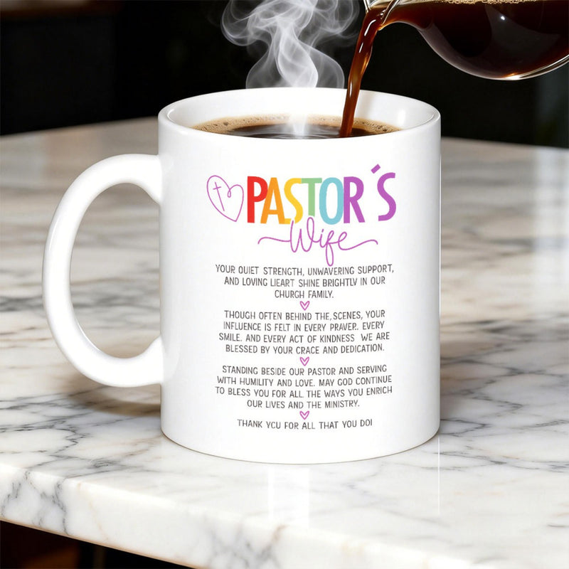 Tailorly White Ceramic 11 oz Mug - Pastor's Wife Minimalist White Ceramic Body Featuring Heart Symbols And Religious Cross Mug