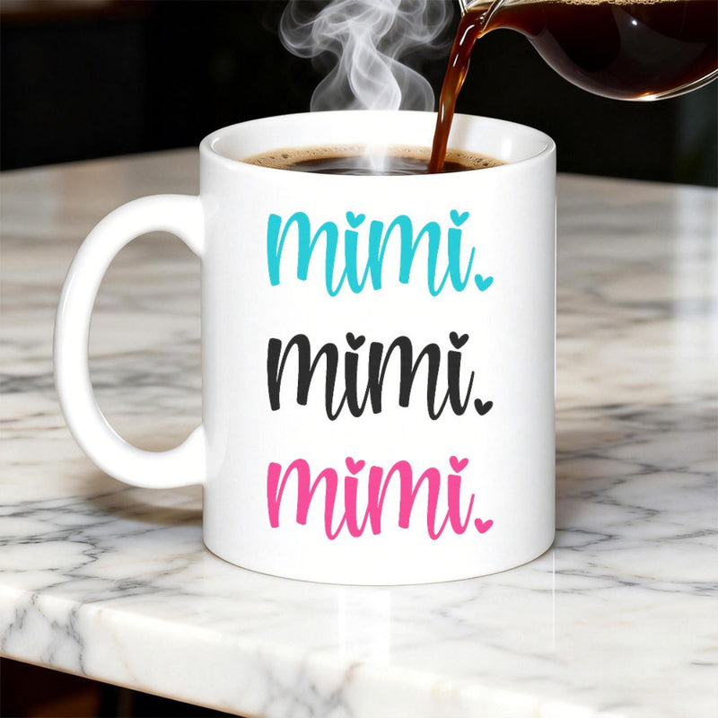 Tailorly White Ceramic 11 oz Mug - Mimi Elegant Script Writing With Decorative Floating Tiny Cute Heart
