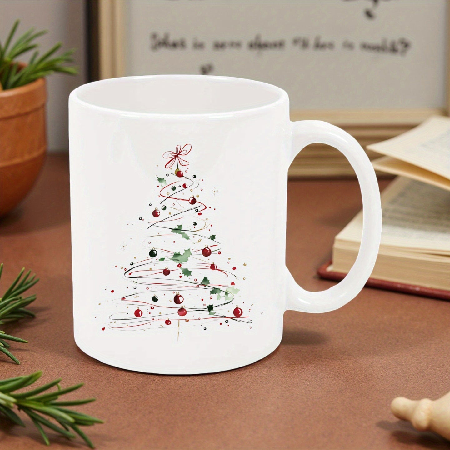 Tailorly White Ceramic 11 oz Mug - Minimalist Sketch Style With Festive Swirls And Red Berries Artistic Tree
