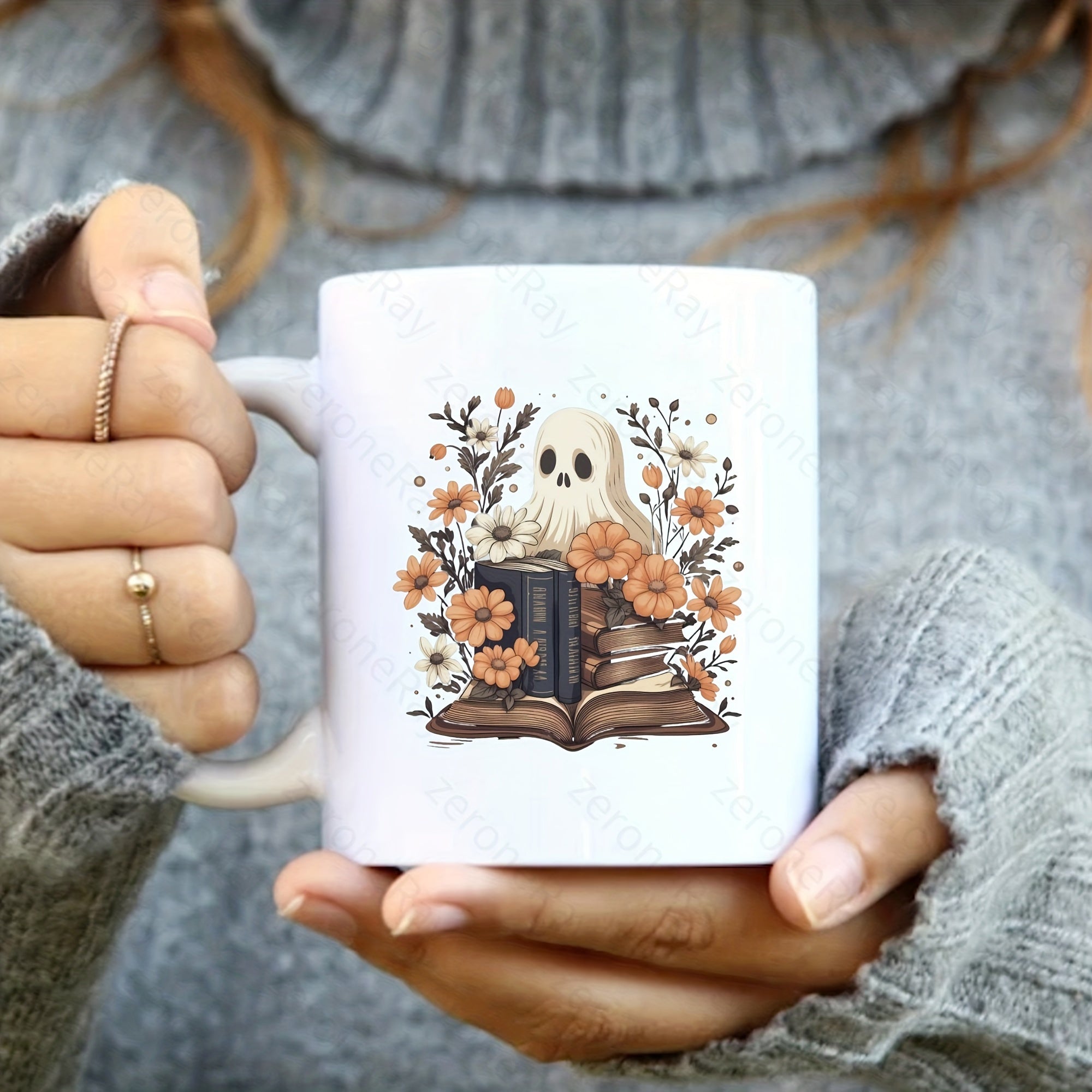 Tailorly White Ceramic 11 oz Mug - Cute Peeking Behind Vintage Books Surrounded By Autumn Flowers Ghost
