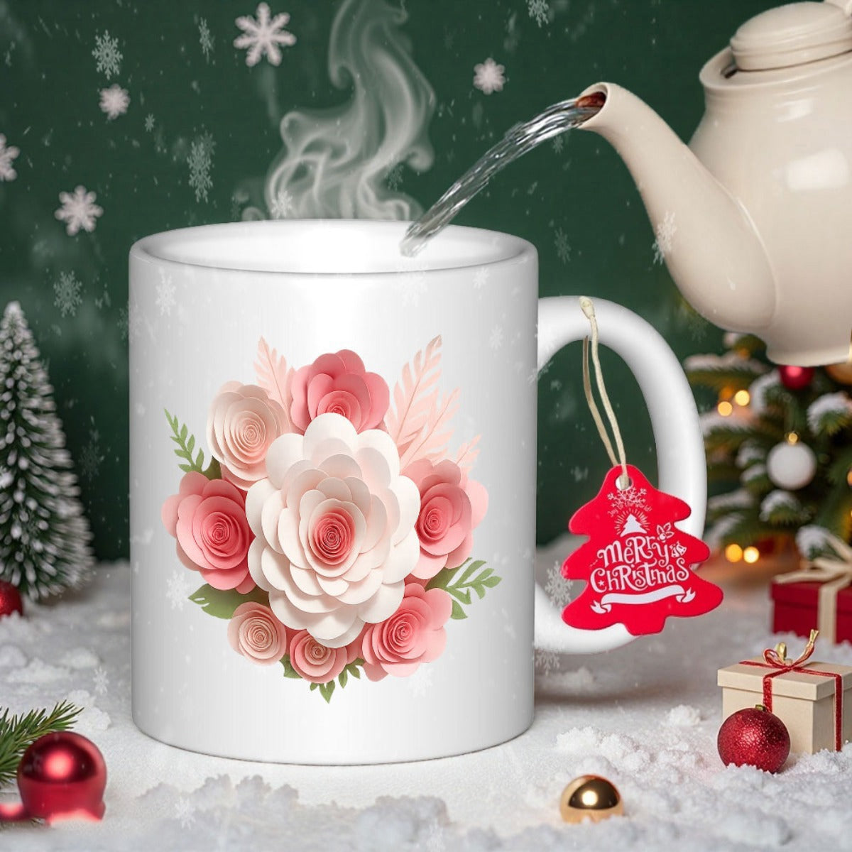 Tailorly White Ceramic 11 oz Mug - Merry Christmas Beautiful Pink And White Blooming Roses Surrounded By Delicate Green Leaves Roses