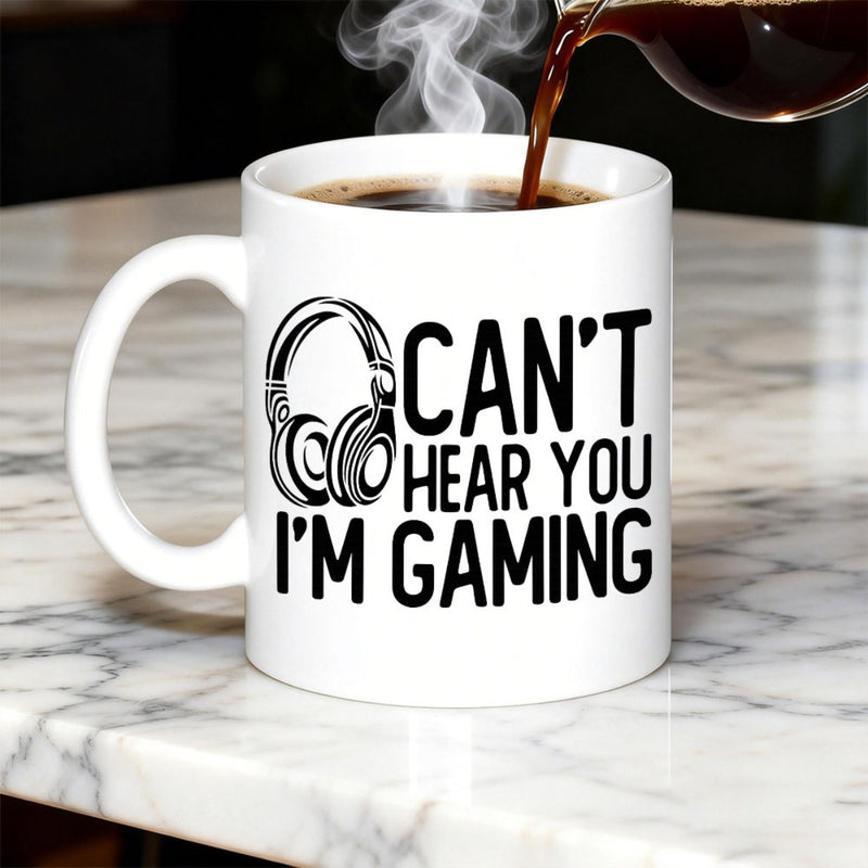 Tailorly White Ceramic 11 oz Mug - Cant Hear You Im Gaming Bold Minimalist Audio Equipment Silhouette Designed For Gamers Headphone