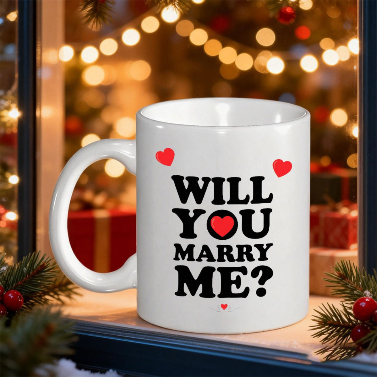 Tailorly White Ceramic 11 oz Mug - Will You Marry Me Small Red Floating Decorative Romantic Artistic Symbols Festive Heart