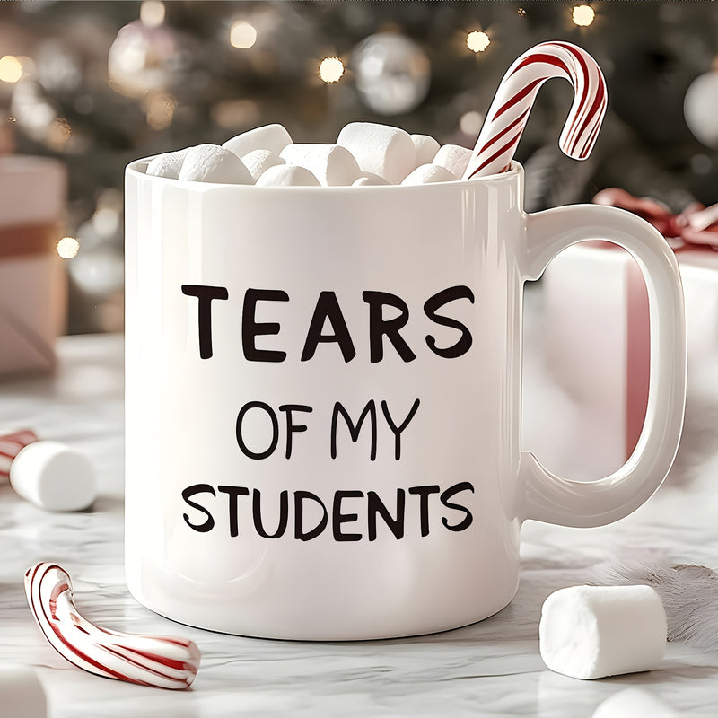 Tailorly White Ceramic 11 oz Mug - Tears Of My Students Festive White Ceramic Vessel Filled With Fluffy Marshmallows And Peppermint Candy Mug