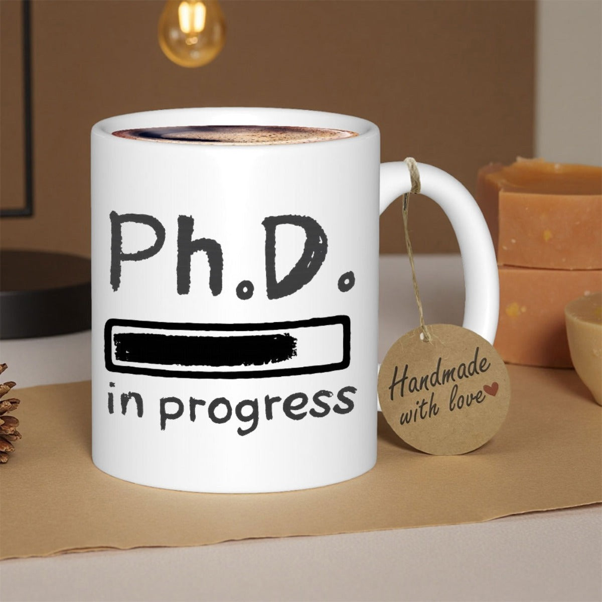 Tailorly White Ceramic 11 oz Mug - Ph D In Progress Minimalist Loading Bar Partially Filled With Black Ink Mug