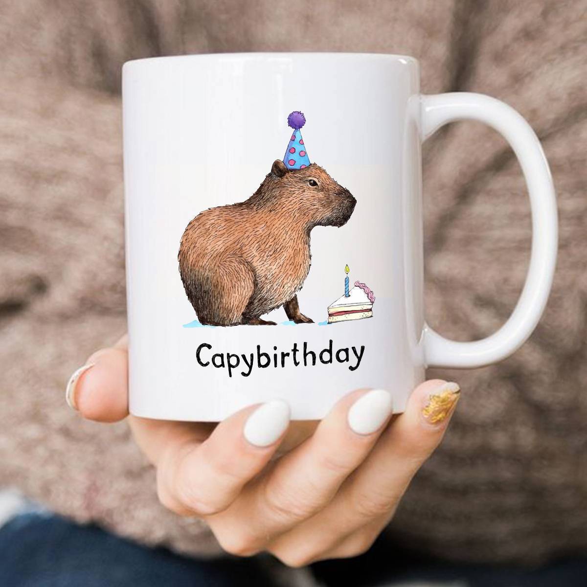 Tailorly White Ceramic 11 oz Mug - Capybirthday Adorable Brown Animal Wearing Party Hat Beside A Small Birthday Cake Capybara