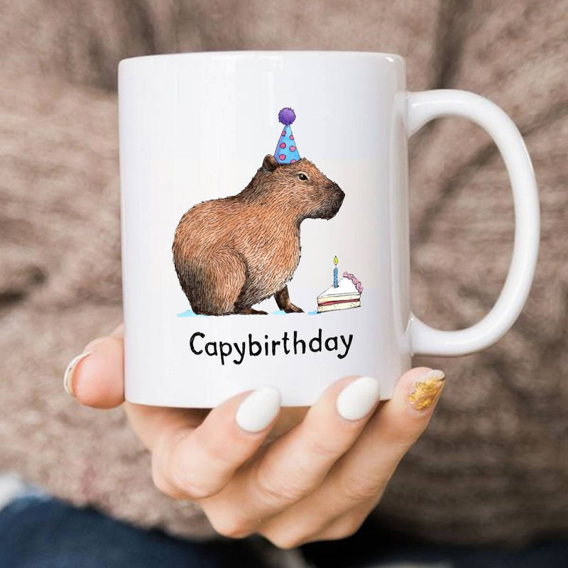 Tailorly White Ceramic 11 oz Mug - Capybirthday Adorable Brown Animal Wearing Party Hat Beside A Small Birthday Cake Capybara