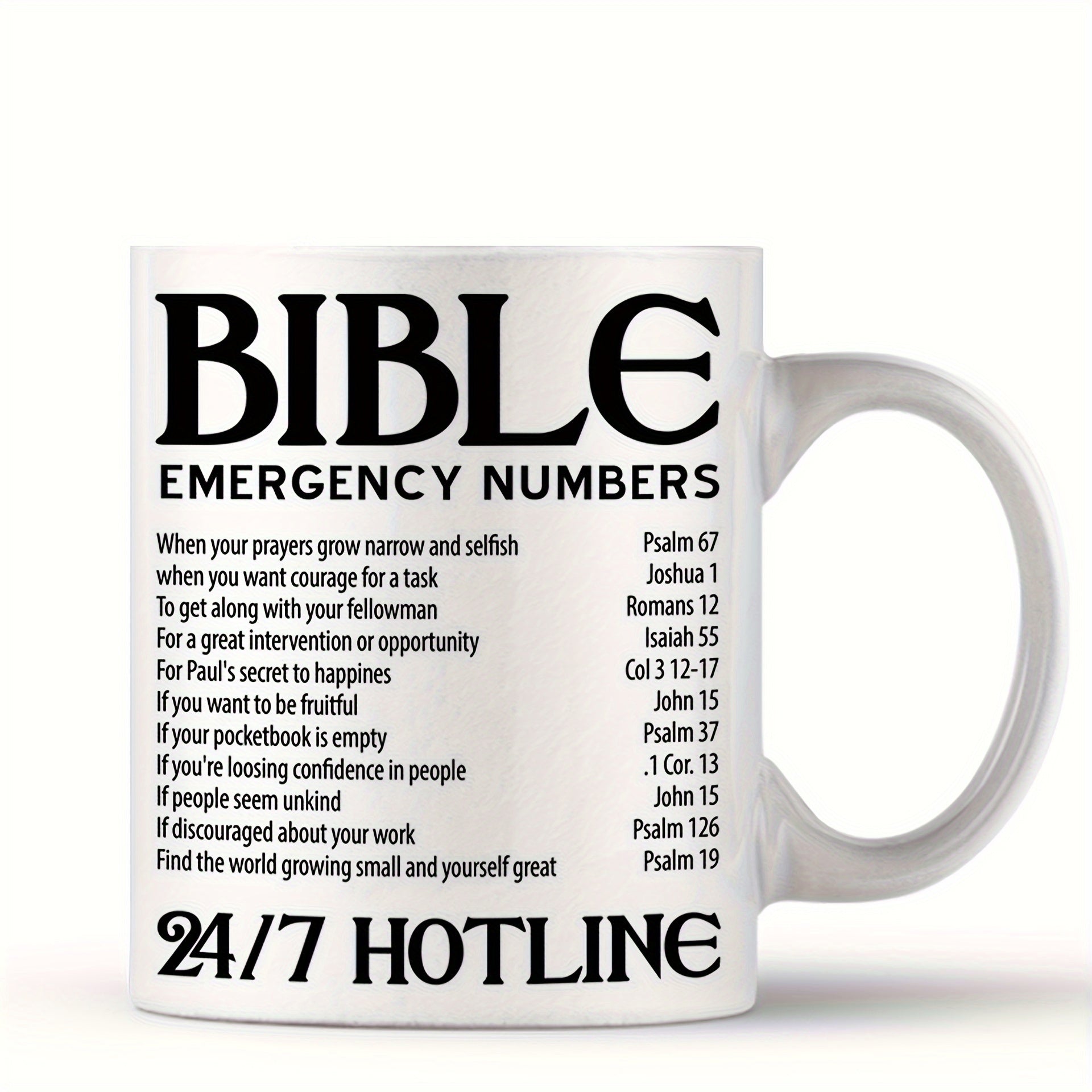 Tailorly White Ceramic 11 oz Mug - Bible Emergency Numbers 24 7 Hotline Minimalist Black Bold Letters Arranged Neatly On A White Surface Scripture