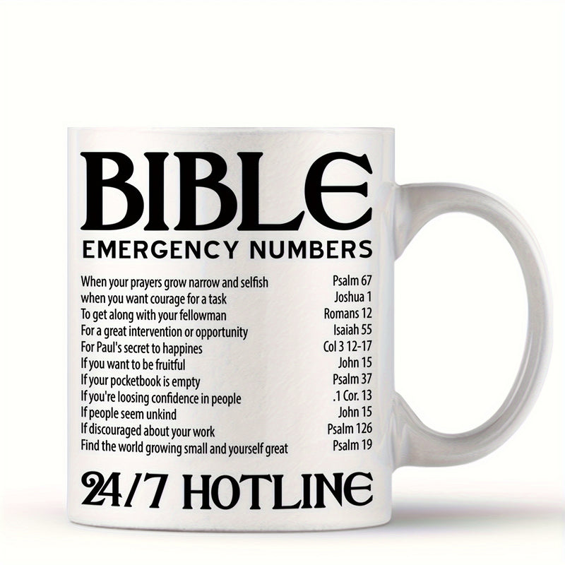 Tailorly White Ceramic 11 oz Mug - Bible Emergency Numbers 24 7 Hotline Minimalist Black Bold Letters Arranged Neatly On A White Surface Scripture