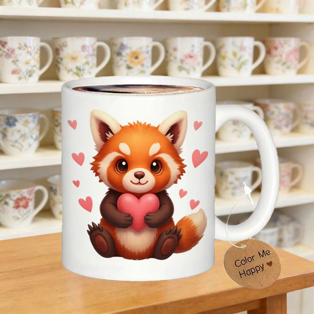 Tailorly White Ceramic 11 oz Mug - Color Me Happy Adorable Cartoon Animal Holding A Heart Surrounded By Floating Pink Hearts Red Panda