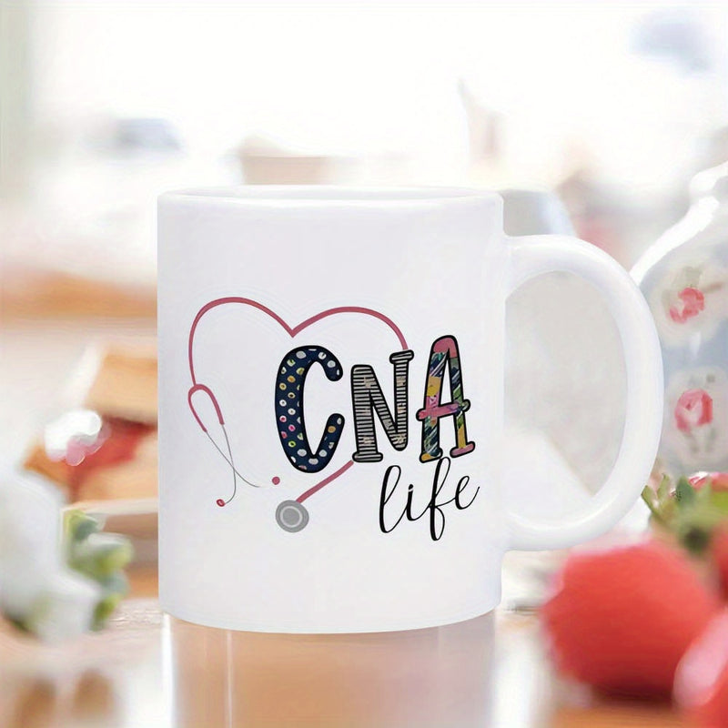 Tailorly White Ceramic 11 oz Mug - CNA Life Decorative Patterned Letters Encircled By A Heart Shaped Medical Red Stethoscope