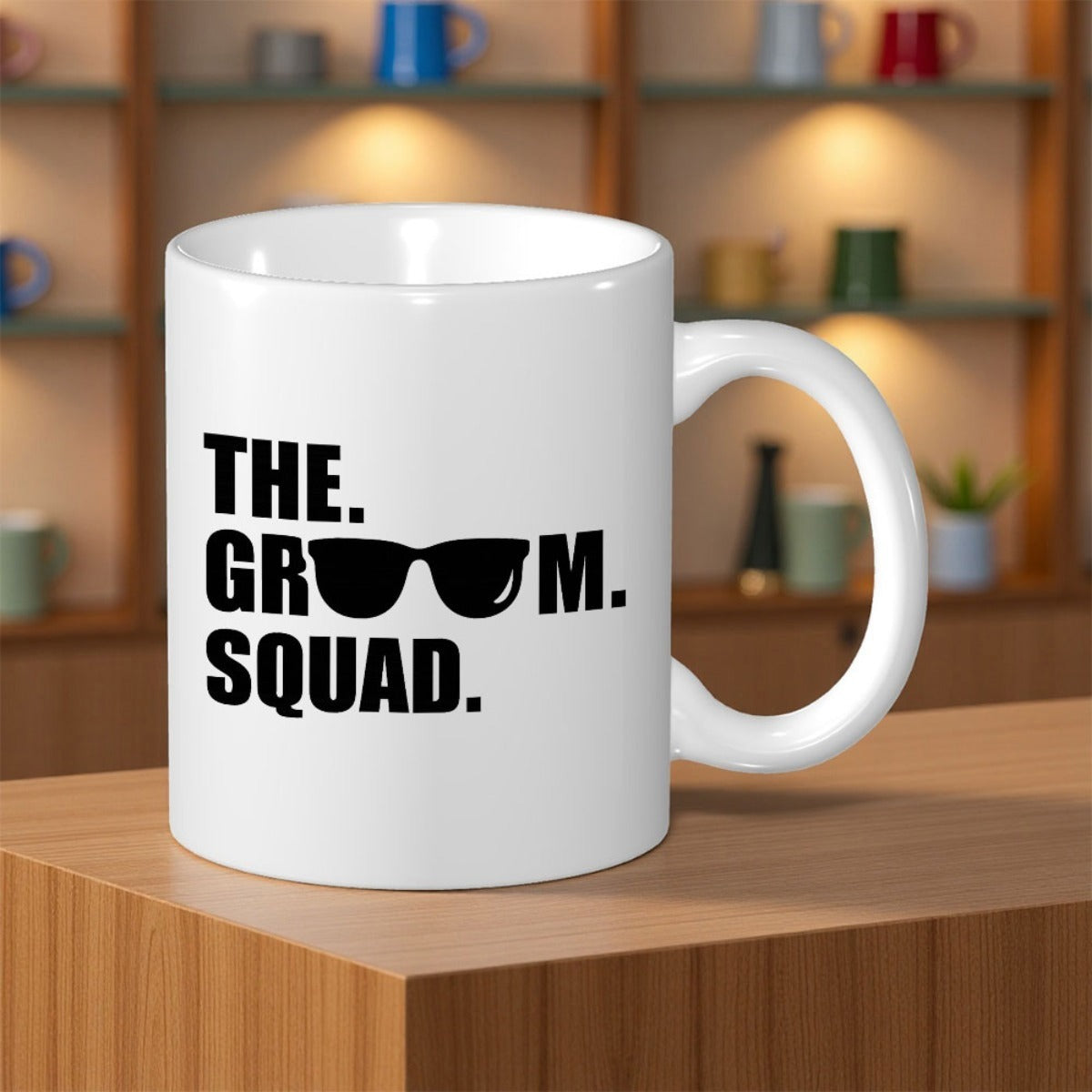 Tailorly White Ceramic 11 oz Mug - The Groom Squad Classic Black Sunglasses Paired With Bold Modern Block Typography Mug
