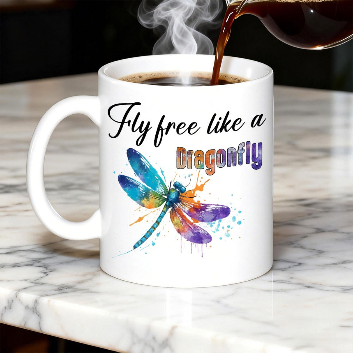 Tailorly White Ceramic 11 oz Mug - Fly Free Like A Dragonfly Vibrant Colorful Watercolor Wings Spreading Gracefully With Artistic Paint Splatters Dragonfly