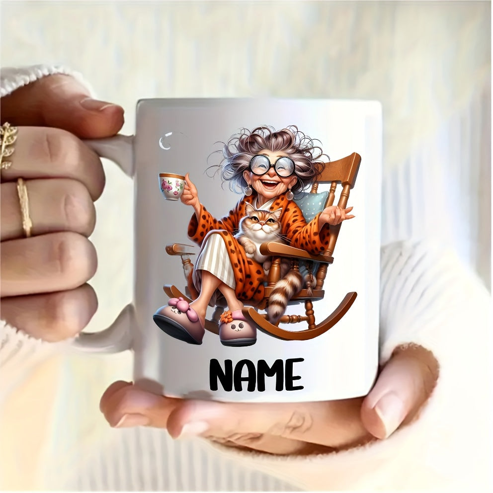 Tailorly White Ceramic 11 oz Mug - Name Smiling Elderly Woman Sitting In Rocking Chair Holding A Cat Grandma