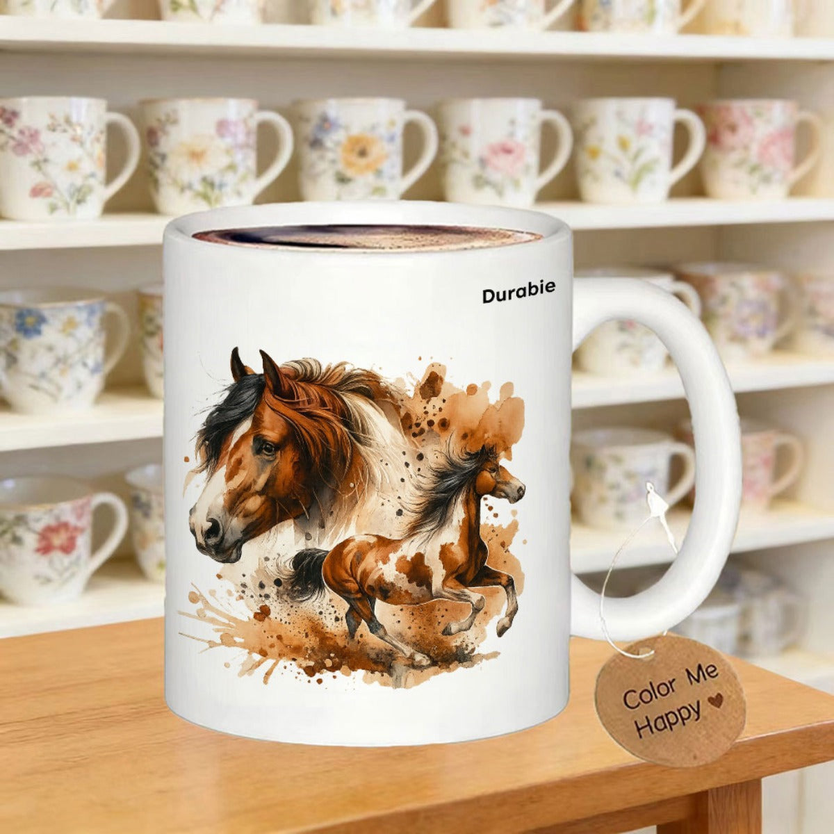 Tailorly White Ceramic 11 oz Mug - Color Me Happy Durable Watercolor Style Brown Stallion Galloping Through Artistic Splashes Horse