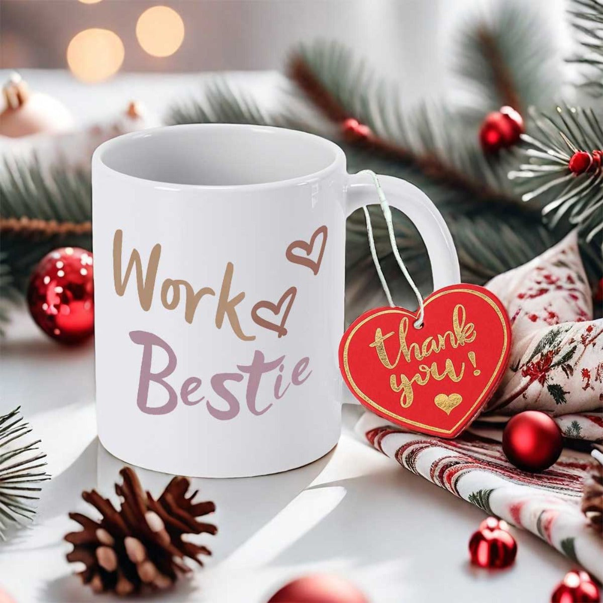 Tailorly White Ceramic 11 oz Mug - Work Bestie Thank You Elegant With Heart Illustrations And Festive Pine Decorations Mug