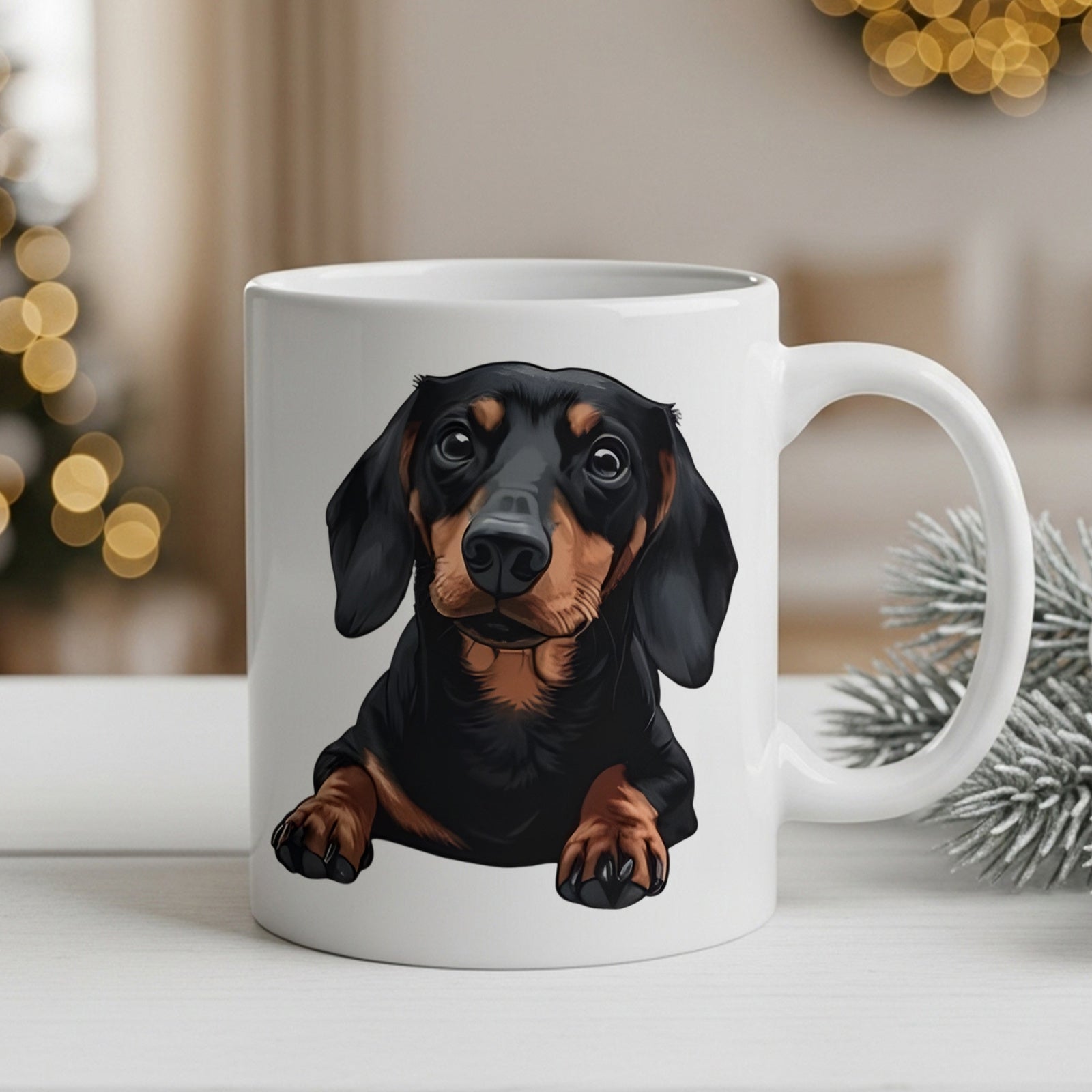 Tailorly White Ceramic 11 oz Mug - Realistic Black And Tan Sitting Dog With Loyal Curious Eyes Dachshund