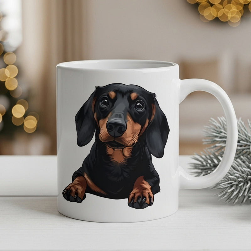 Tailorly White Ceramic 11 oz Mug - Realistic Black And Tan Sitting Dog With Loyal Curious Eyes Dachshund